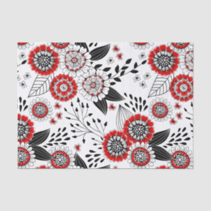 Papier Mousseline Fleurs de gribouillis et feuilles en rouge et noir