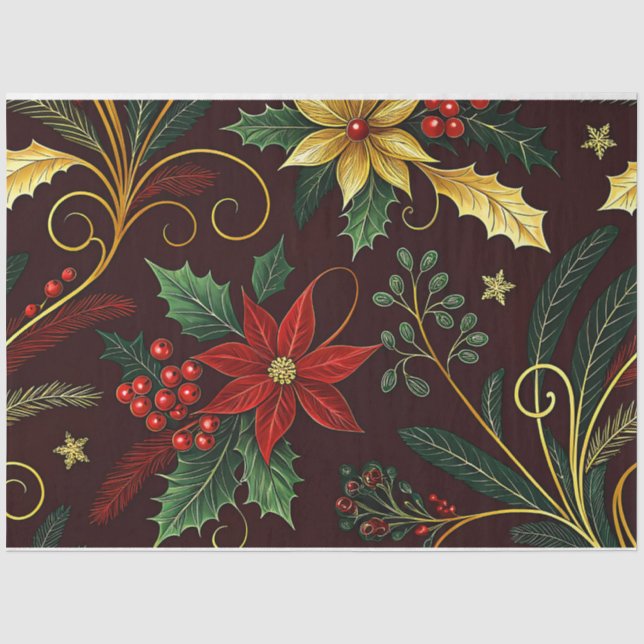 Papier Mousseline Fleurs de Noël Decoupage Or Rouge Vert  (Recto)