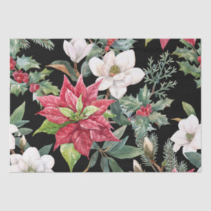 Papier Mousseline Fleurs de Noël Rouge Blanc Poinsettias Noir