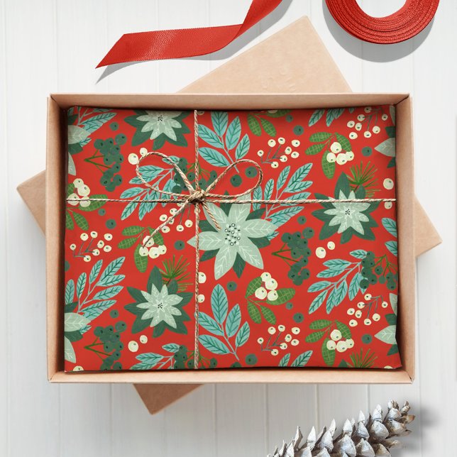 Papier Mousseline Fleurs de Noël Rouge Fête de Noël (Christmas Red Floral Holiday Tissue Paper)