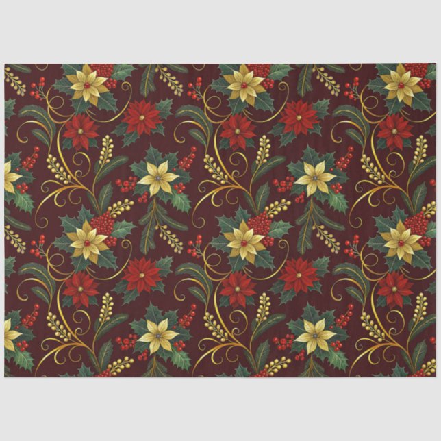 Papier Mousseline Fleurs de Noël Rouge Or Vert Decoupage  (Recto)