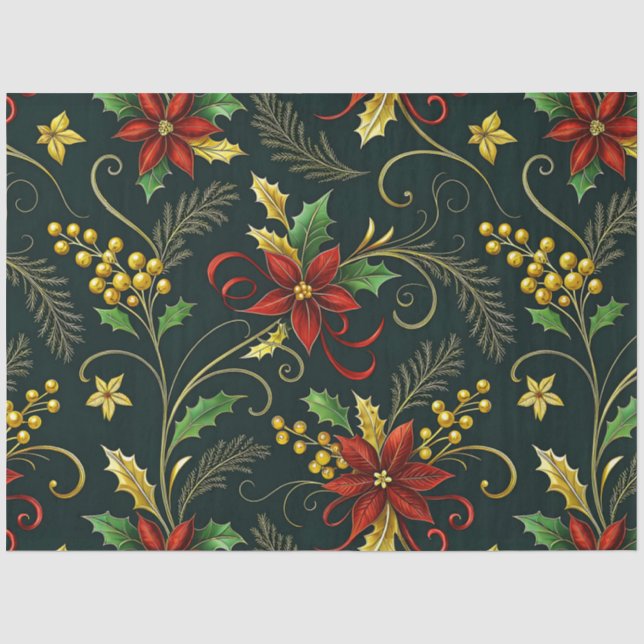 Papier Mousseline Fleurs de Noël Rouge Or Vert Decoupage  (Recto)