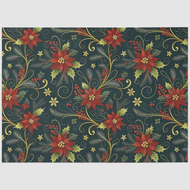 Papier Mousseline Fleurs de Noël Rouge Or Vert Decoupage  (Recto)