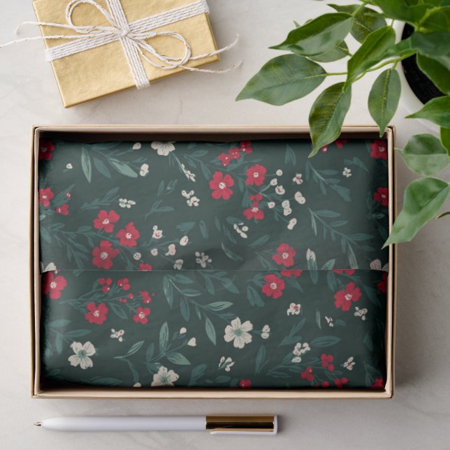Papier Mousseline Fleurs de Noël vertes rouges et blanches (Cadeau)