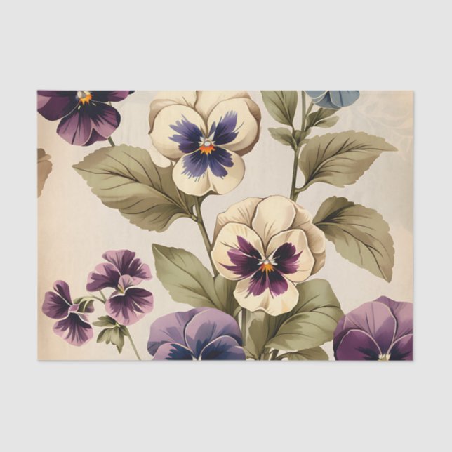 Papier Mousseline Fleurs de Pansy Rétro en Tons Mutés (Recto)