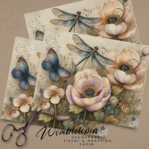 Papier Mousseline Fleurs de pavot roses et papillon découpage floral