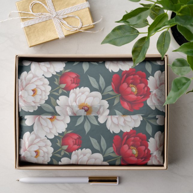 Papier Mousseline Fleurs de pivoine rouges et blanches  (Cadeau)
