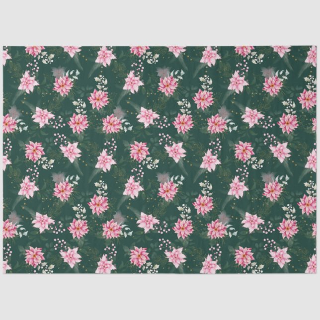 Papier Mousseline Fleurs de Poinsététie rose sur Vert foncé (Recto)