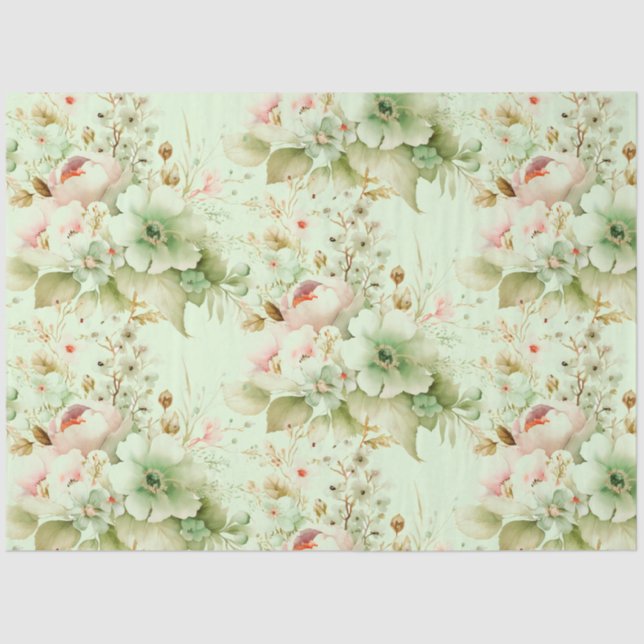 Papier Mousseline Fleurs de printemps rose, vert pâle sur découpage  (Recto)