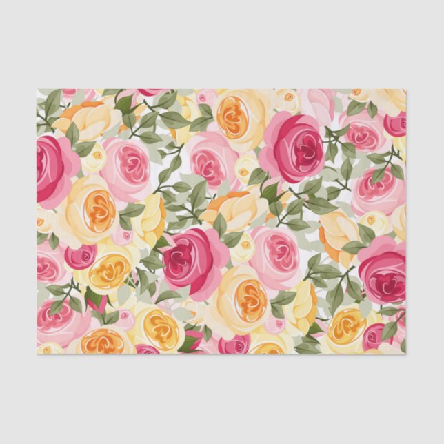 Papier Mousseline Fleurs de Roses Roses et Jaunes Ferme Maison Chic  (Recto)