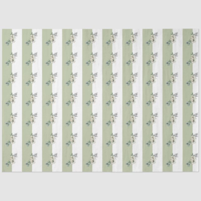 Papier Mousseline Fleurs de sauge vert tan rayures (Recto)