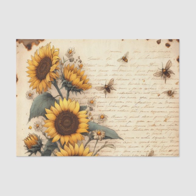 Papier Mousseline Fleurs de soleil et marguerites avec abeilles vola (Recto)