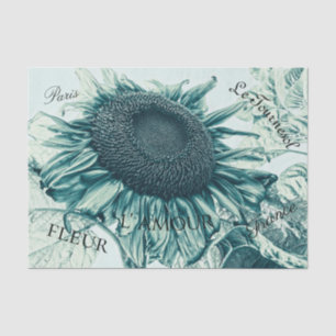 Papier Mousseline Fleurs de soleil géantes Vintage Turquoise Script