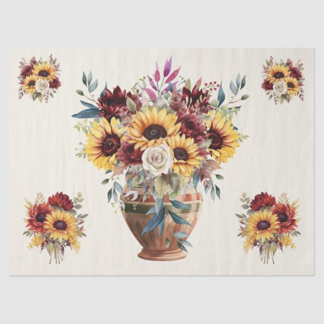 Papier Mousseline Fleurs de soleil rustiques et fleurs bordeaux Déco (Recto)