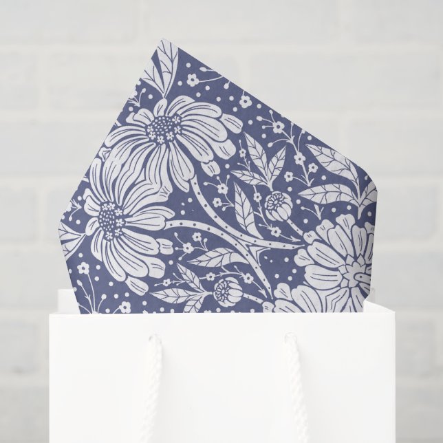 Papier Mousseline Fleurs de style William Morris bleu marine (Sac cadeau)