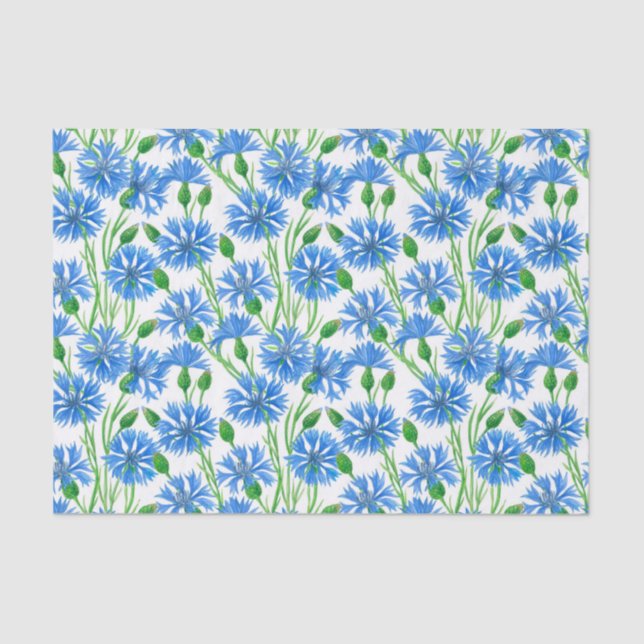 Papier Mousseline Fleurs d'eau bleu, fleurs sauvages sur blanc (Recto)