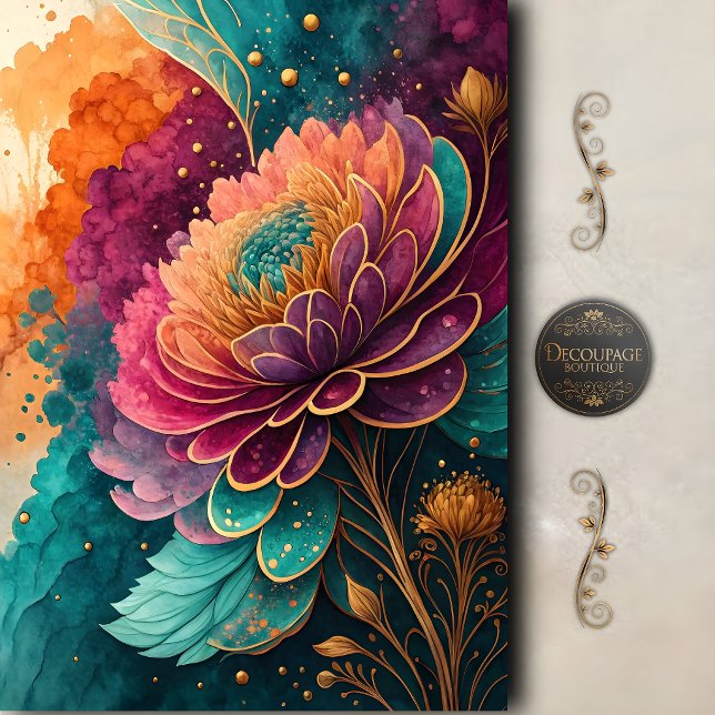 Papier Mousseline Fleurs découpées aux tons de joyaux radieux (Radiant Jewel Tone Floral Decoupage Tissue Paper)