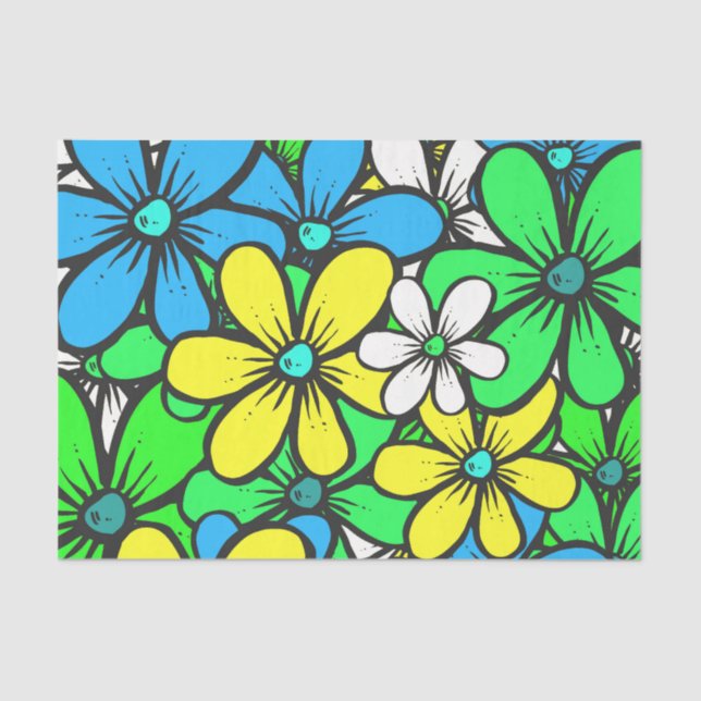 Papier Mousseline Fleurs d'été assez brillantes Bleu Jaune et Vert (Recto)