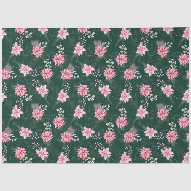 Papier Mousseline Fleurs d'Euphorbe Rose sur Fond Vert Foncé (Recto)