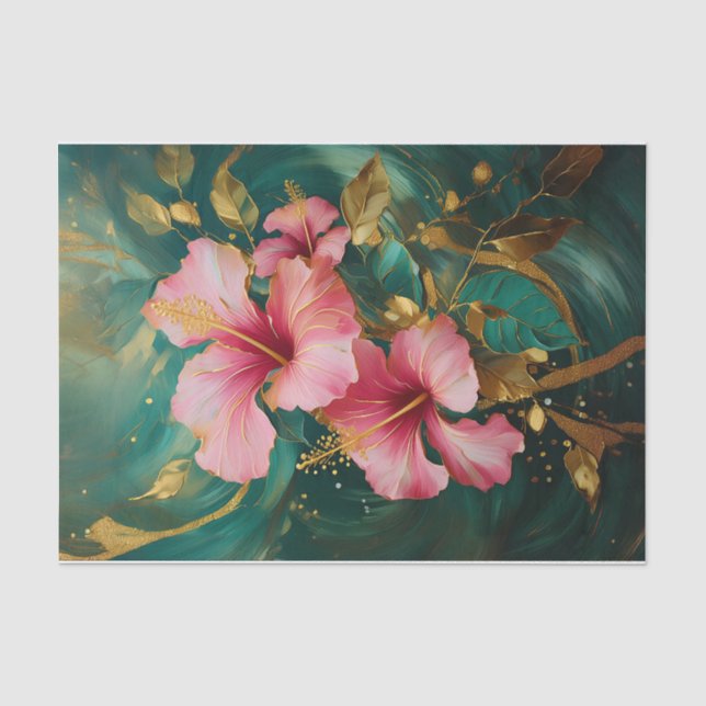 Papier Mousseline Fleurs d'Hibiscus Double Rose Doré, Fleurs Formell (Recto)