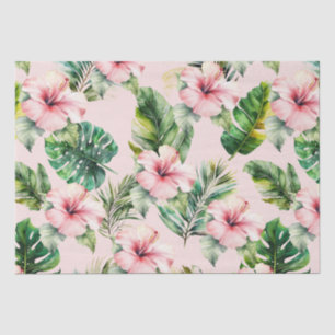 Papier Mousseline Fleurs d'Hibiscus roses aux Feuilles tropicaux