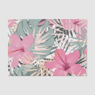 Papier Mousseline Fleurs d'Hibiscus roses et grands Feuilles tropica