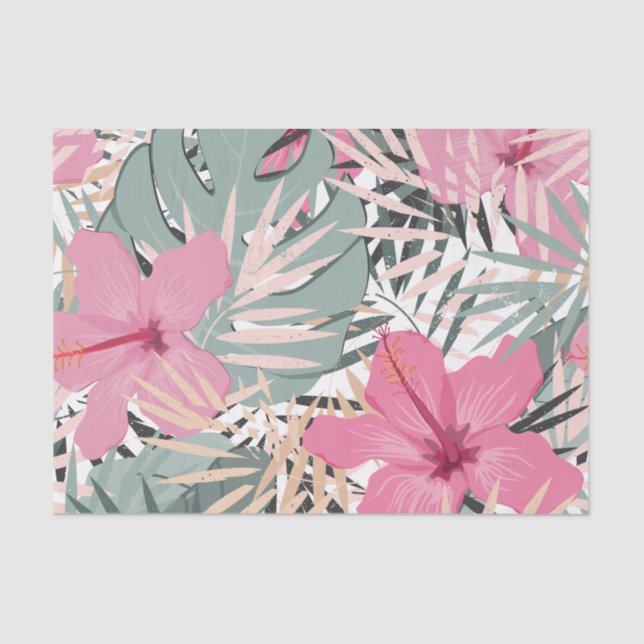 Papier Mousseline Fleurs d'Hibiscus roses et grands Feuilles tropica (Recto)