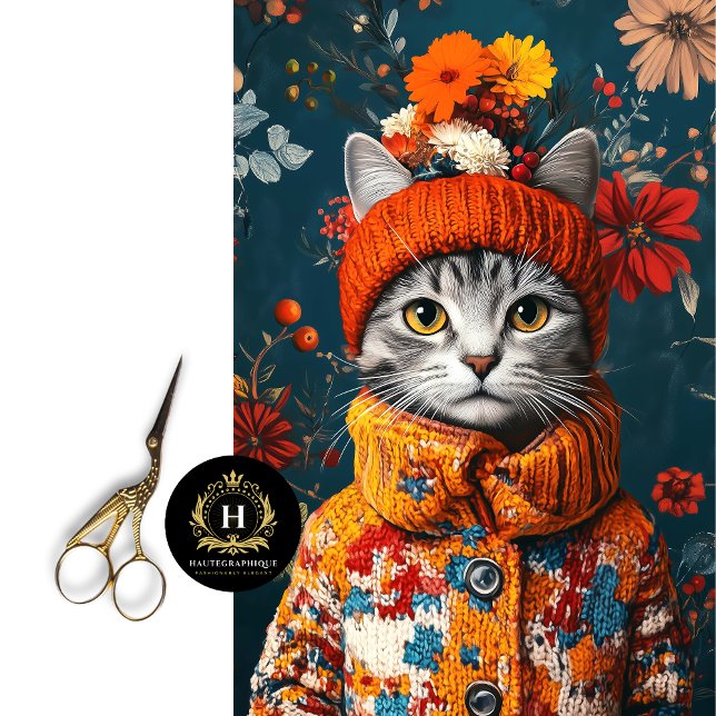 Papier Mousseline Fleurs d'Hiver Chat Gris Découpage (Créateur téléchargé)