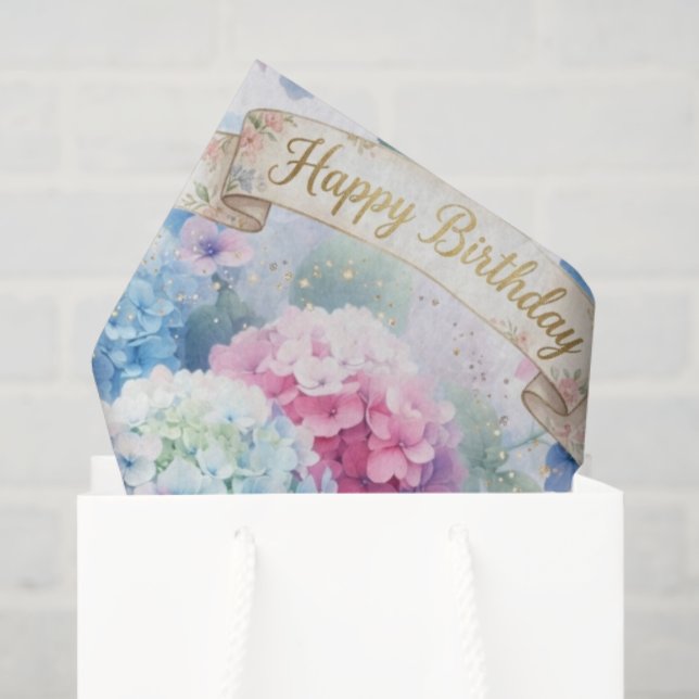 Papier Mousseline Fleurs d'hortensia bleu pour l'anniversaire  (Sac cadeau)