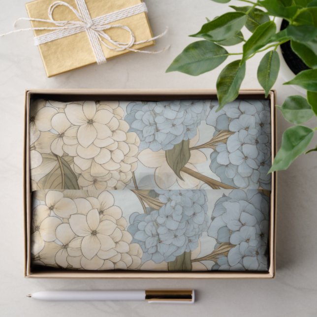 Papier Mousseline Fleurs d'Hydrangée Bleue et Blanche, et Feuilles v (Cadeau)