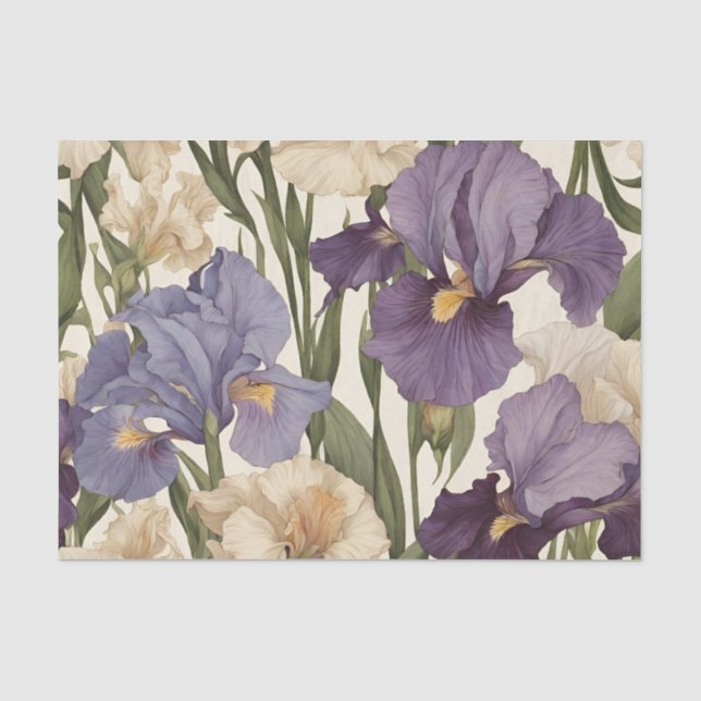 Papier Mousseline Fleurs d'Iris blanches et violettes (Recto)