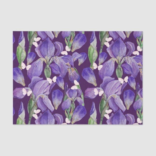 Papier Mousseline Fleurs d'Iris violettes et papillons (Recto)