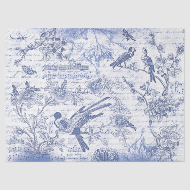 Papier Mousseline Fleurs d'oiseaux bleus vintages Script français (Recto)