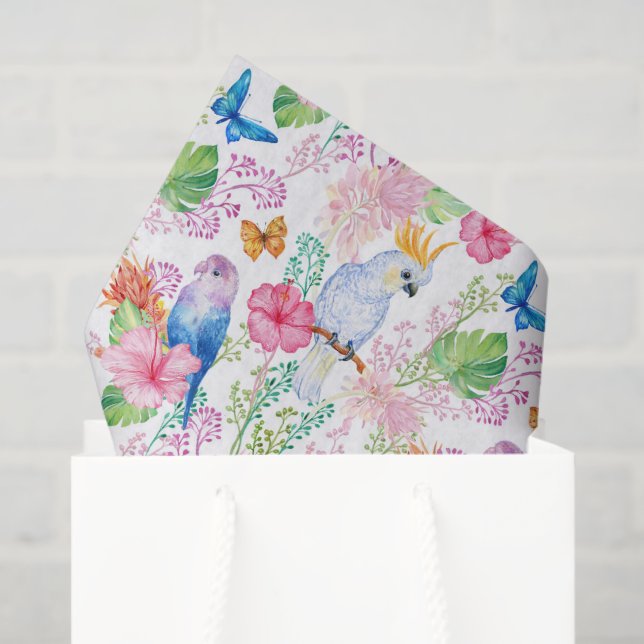 Papier Mousseline Fleurs d'oiseaux tropicaux tissu de la fête de pla (Sac cadeau)