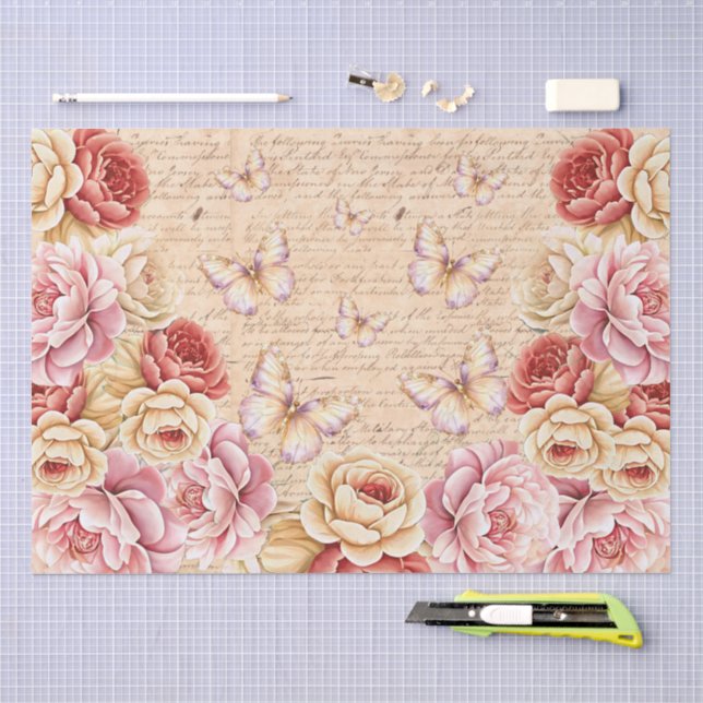 Papier Mousseline Fleurs Élégantes Romantiques et Papillons Découpag (Artisanat)