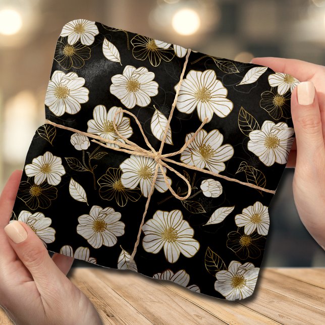 Papier Mousseline Fleurs en or blanc sur fond noir (Créateur téléchargé)