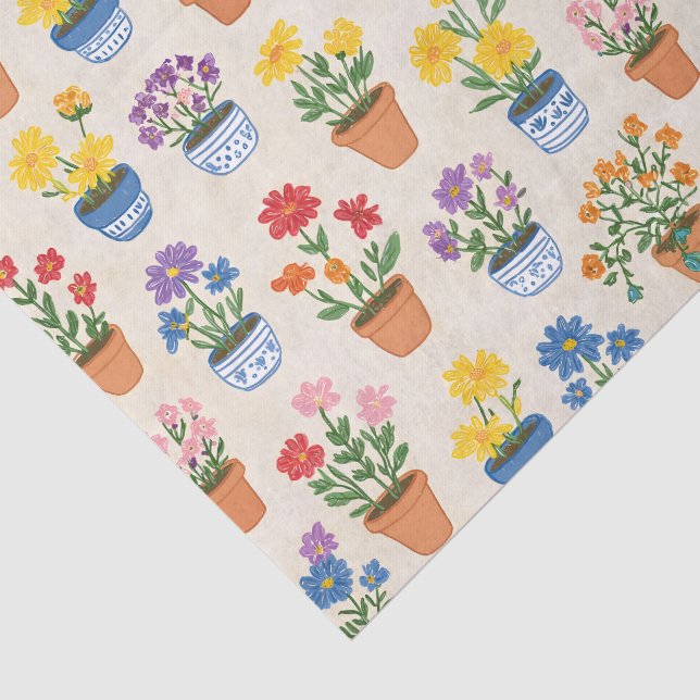 Papier Mousseline Fleurs en pot fantaisistes Illustration botanique (Détail)