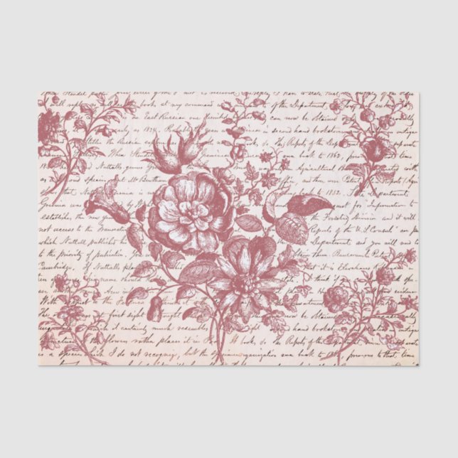 Papier Mousseline Fleurs et écriture vintage rose (Recto)