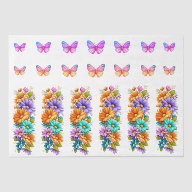 Papier Mousseline Fleurs et papillons printaniers vibrants Découpage (Recto)