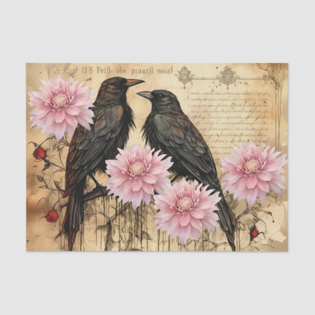 Papier Mousseline Fleurs et ravens roses vintages (Recto)