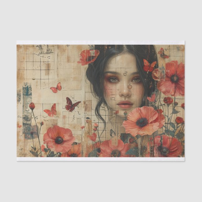 Papier Mousseline Fleurs et une jeune femme (Recto)