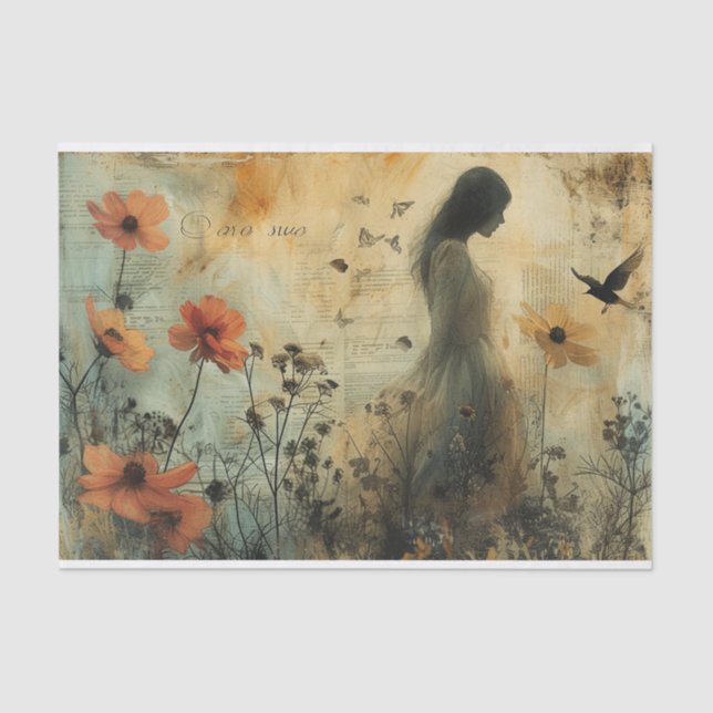 Papier Mousseline Fleurs et une jeune femme (Recto)