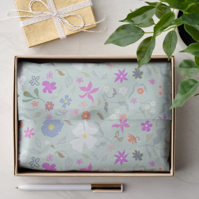 Papier Mousseline Fleurs Fantaisistes Illustrées Vert Menthe Clair  (Cadeau)