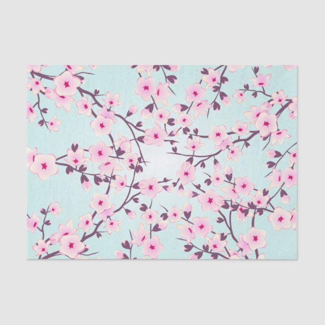 Papier Mousseline Fleurs florales de cerisier rose Turquoise (Recto)