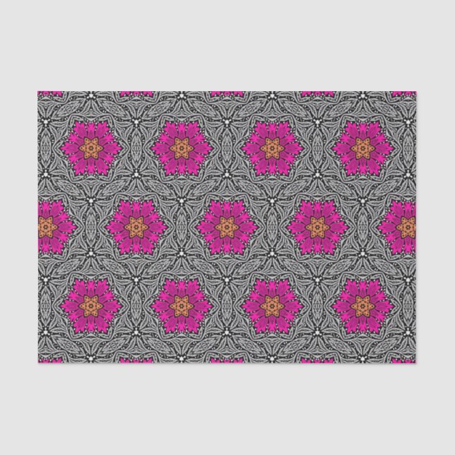 Papier Mousseline Fleurs géométriques - Fuchsia rose et gris (Recto)
