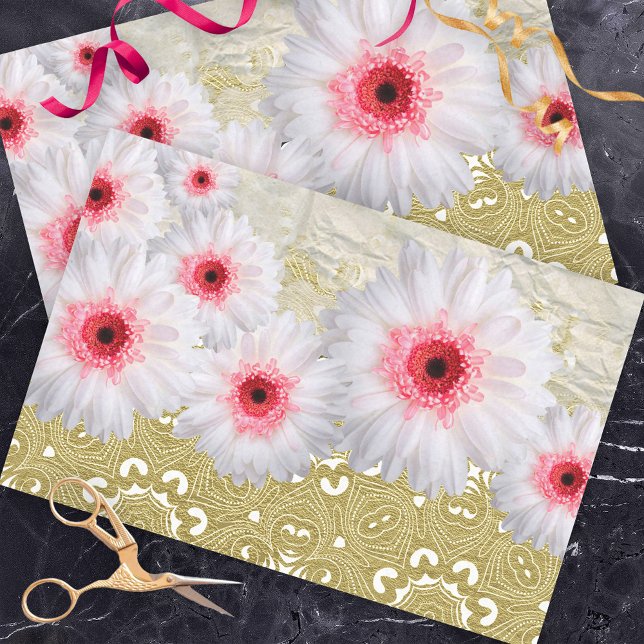 Papier Mousseline Fleurs Gerbera Blanches Sur Modèle Damas Blanc Or (Créateur téléchargé)