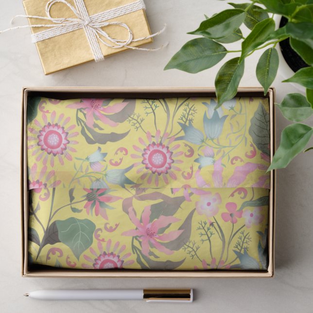 Papier Mousseline Fleurs Glamour Jaune (Cadeau)