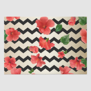 Papier Mousseline Fleurs Hibiscus Rouges Sur Chevron Noir Et Beige