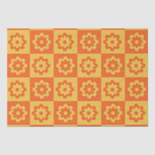 Papier Mousseline Fleurs hippies rétro sur damier jaune orange