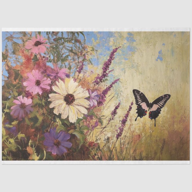 Papier Mousseline Fleurs impressionnistes et papillon en découpage (Recto)
